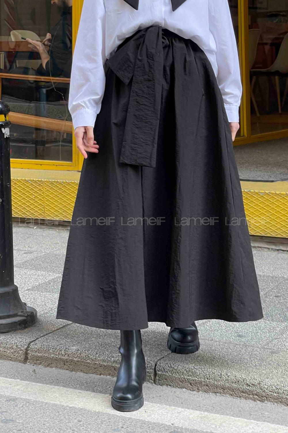 Lamelif Kuşaklı Paraşüt Etek Siyah