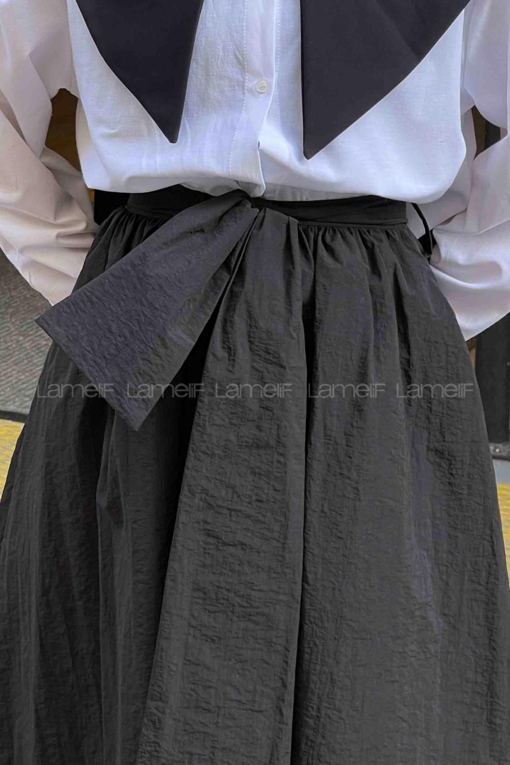 Lamelif Kuşaklı Paraşüt Etek Siyah