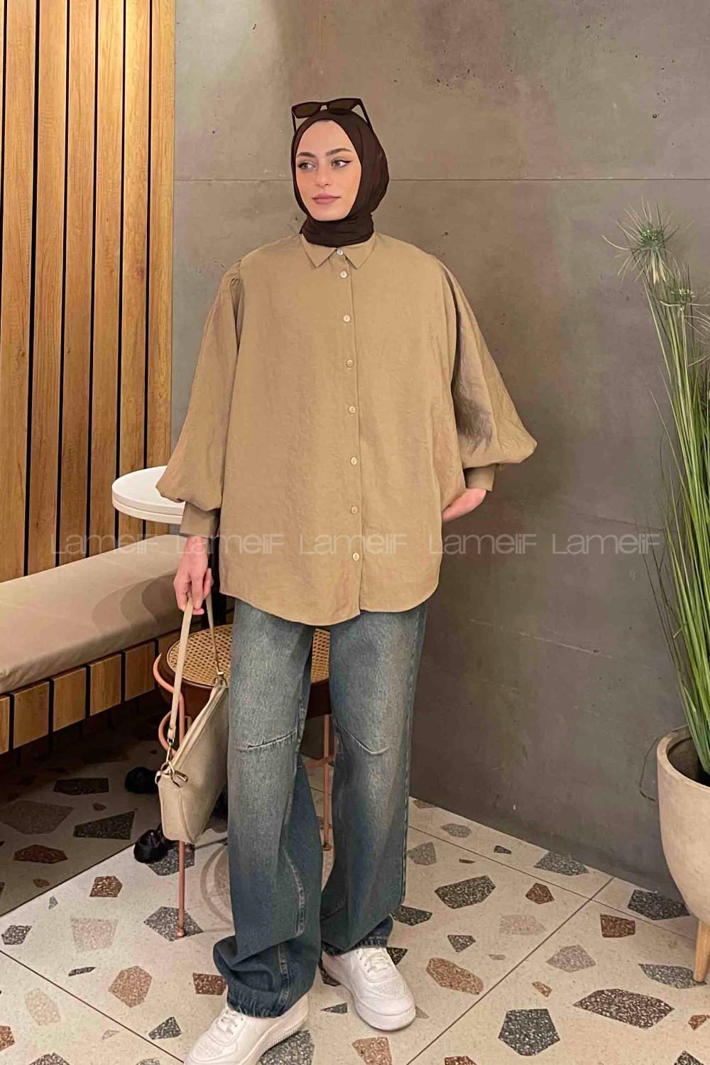 Brown With Milk Shirt Collar Balloon Sleeve Arm Poplin Fabric Shirt