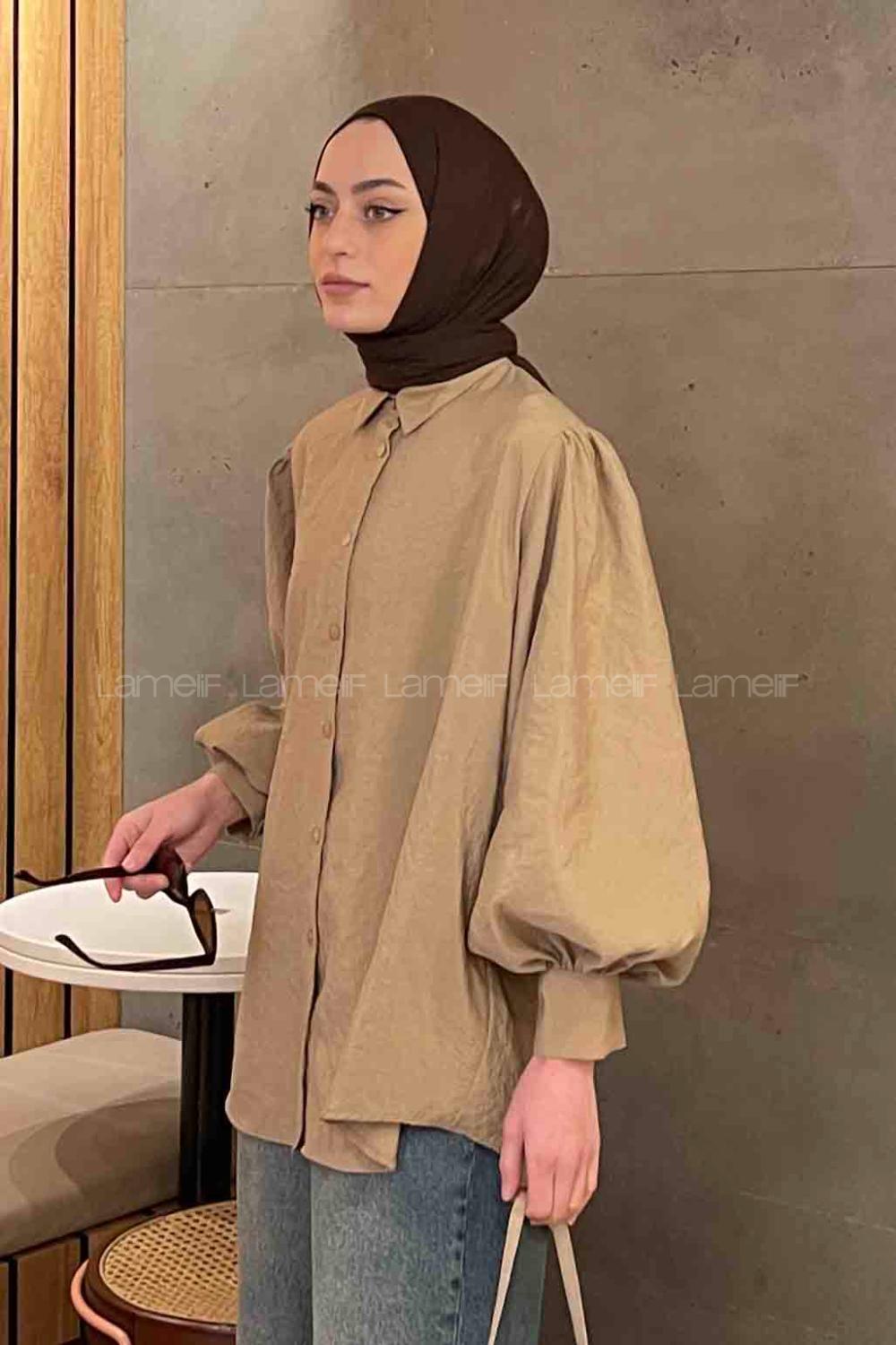 Brown With Milk Shirt Collar Balloon Sleeve Arm Poplin Fabric Shirt