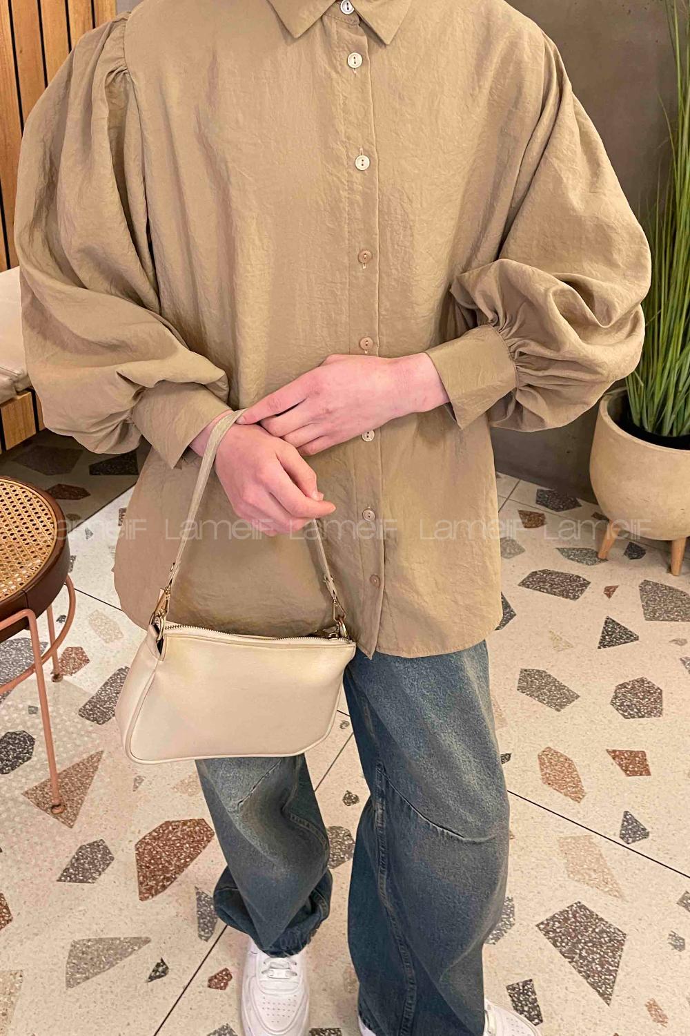 Brown With Milk Shirt Collar Balloon Sleeve Arm Poplin Fabric Shirt