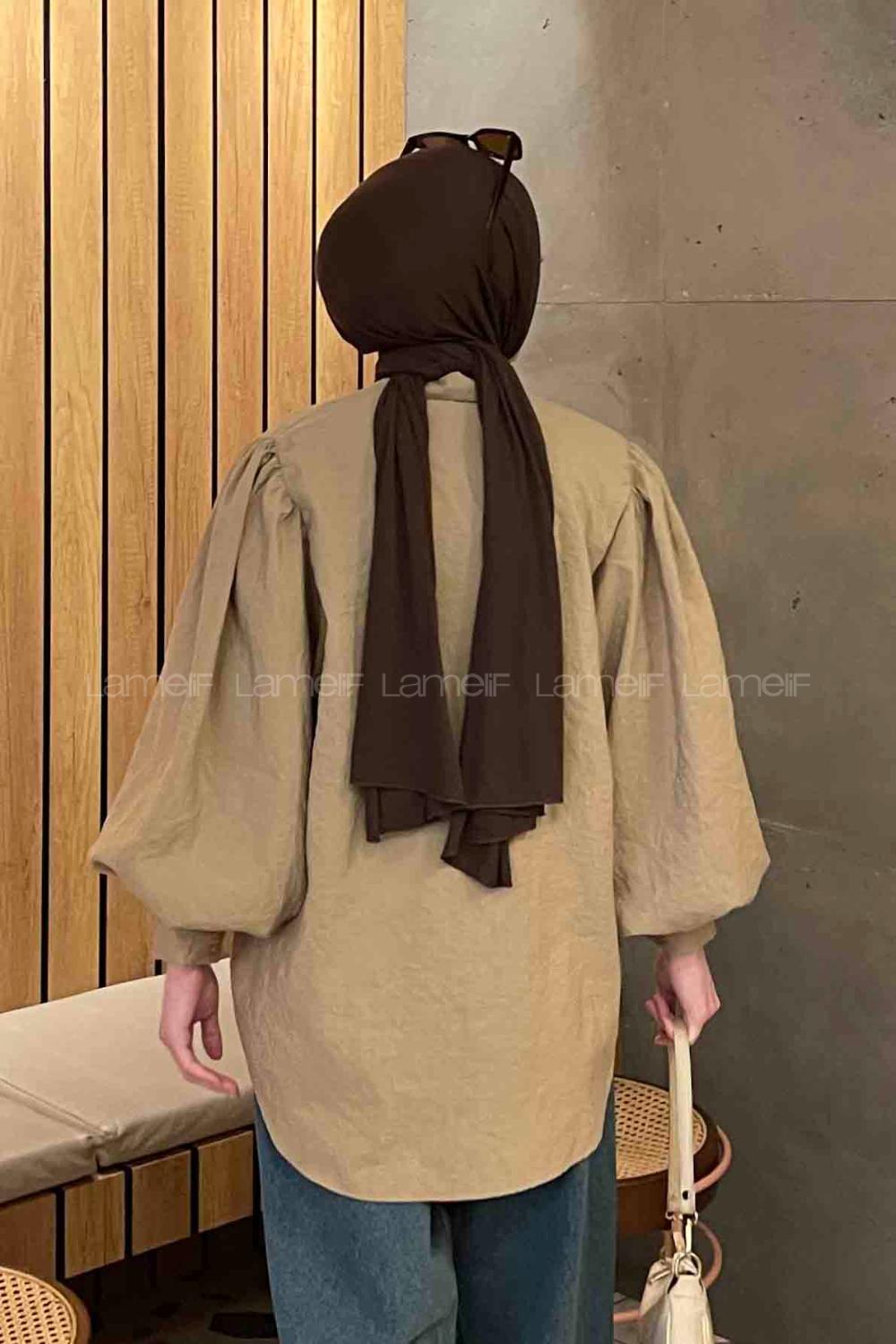 Brown With Milk Shirt Collar Balloon Sleeve Arm Poplin Fabric Shirt