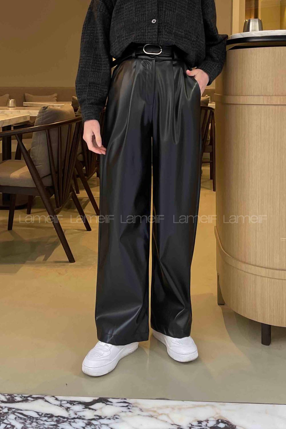Lamelif Yüksek Bel Deri Pantolon Siyah