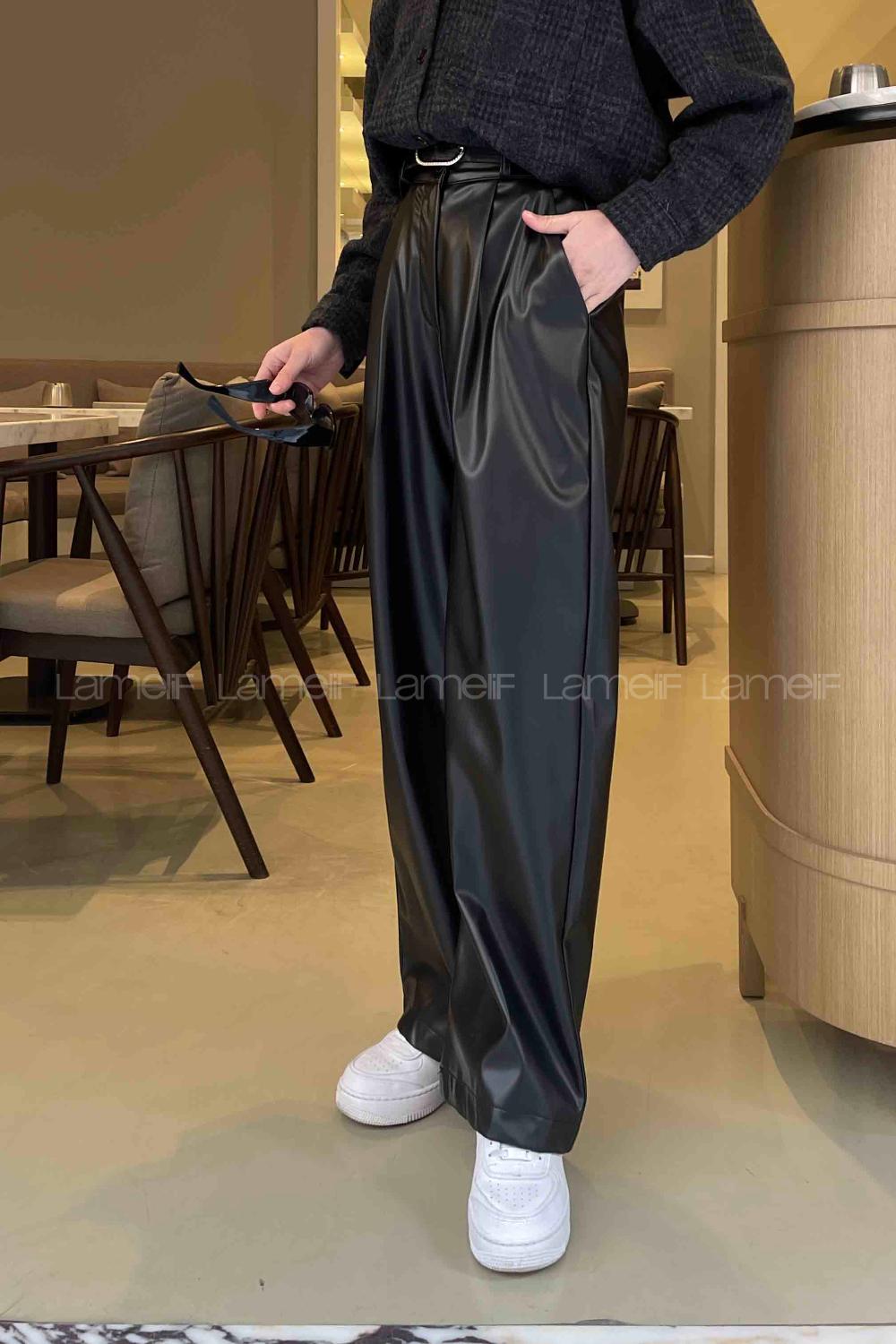 Lamelif Yüksek Bel Deri Pantolon Siyah