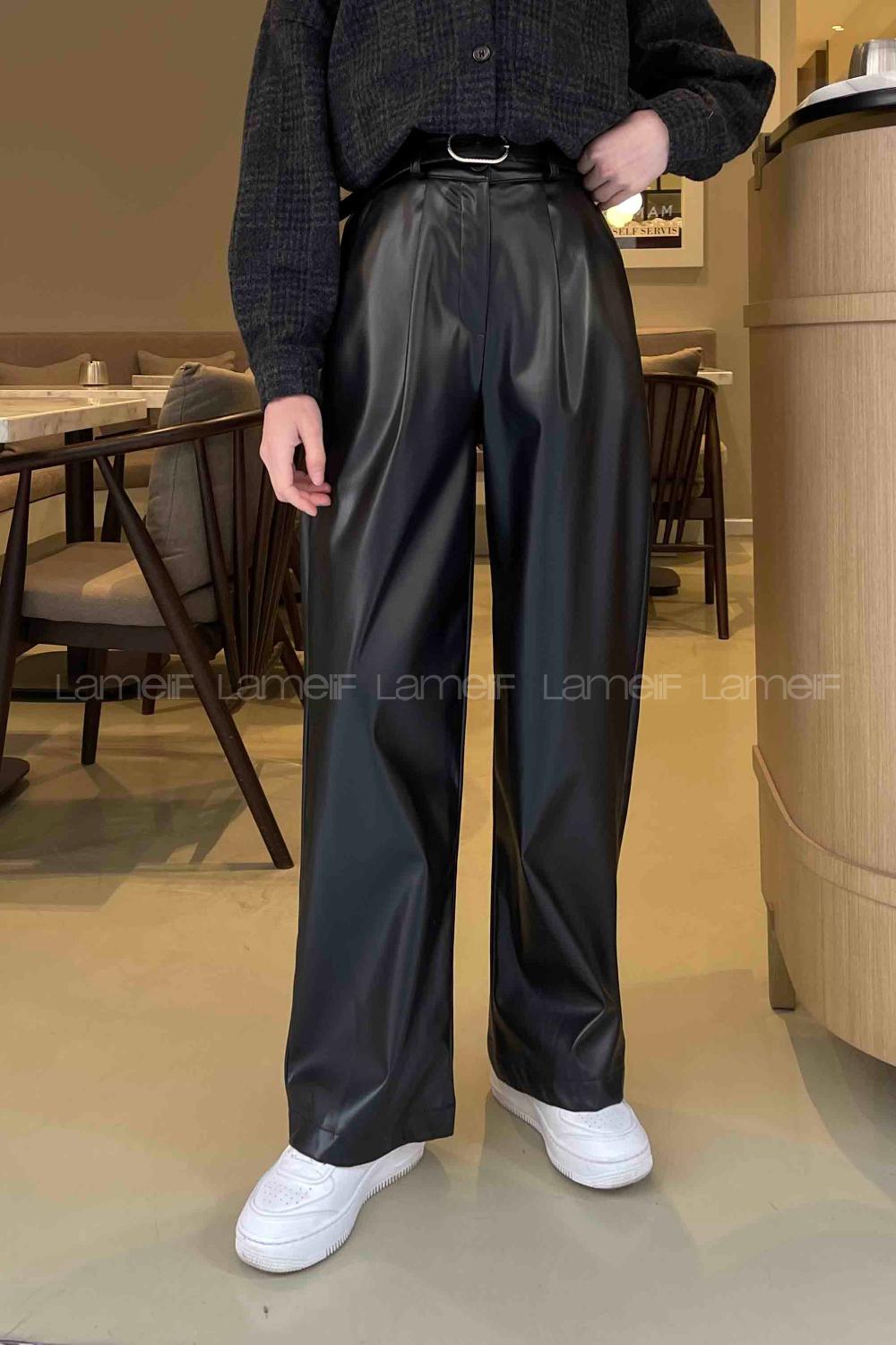 Lamelif Yüksek Bel Deri Pantolon Siyah