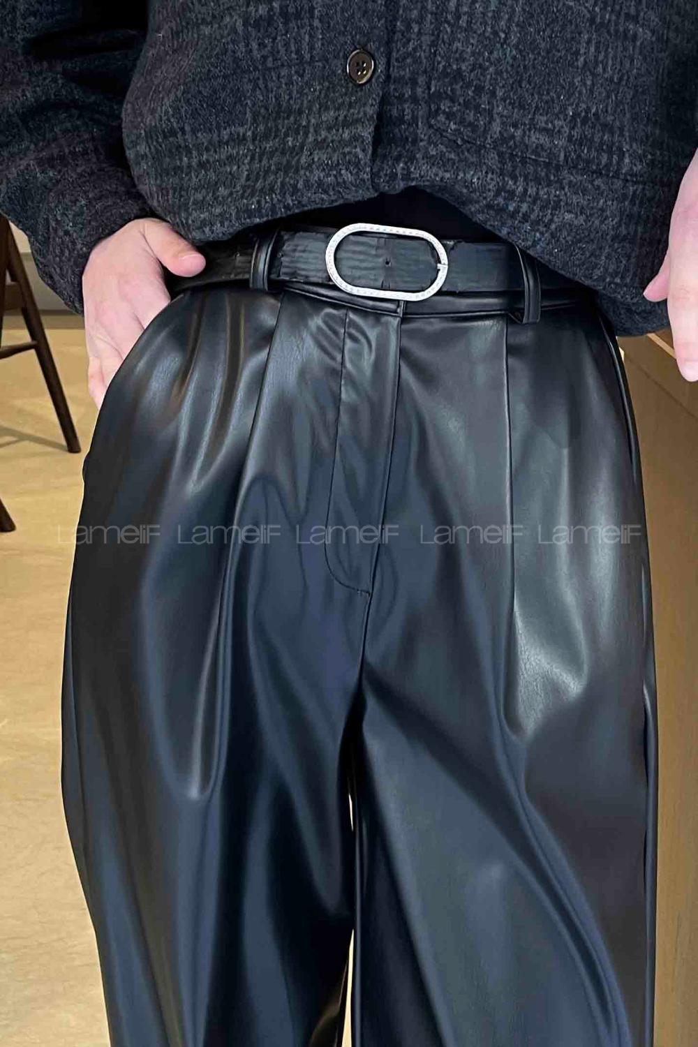 Lamelif Yüksek Bel Deri Pantolon Siyah