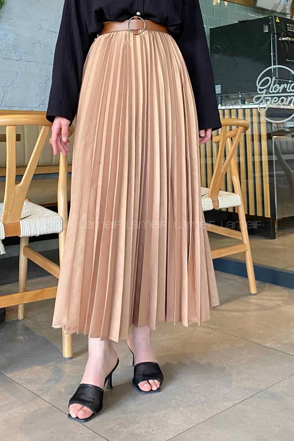 Lamelif Elastik Detaylı Pliseli Etek Sütlü Kahve