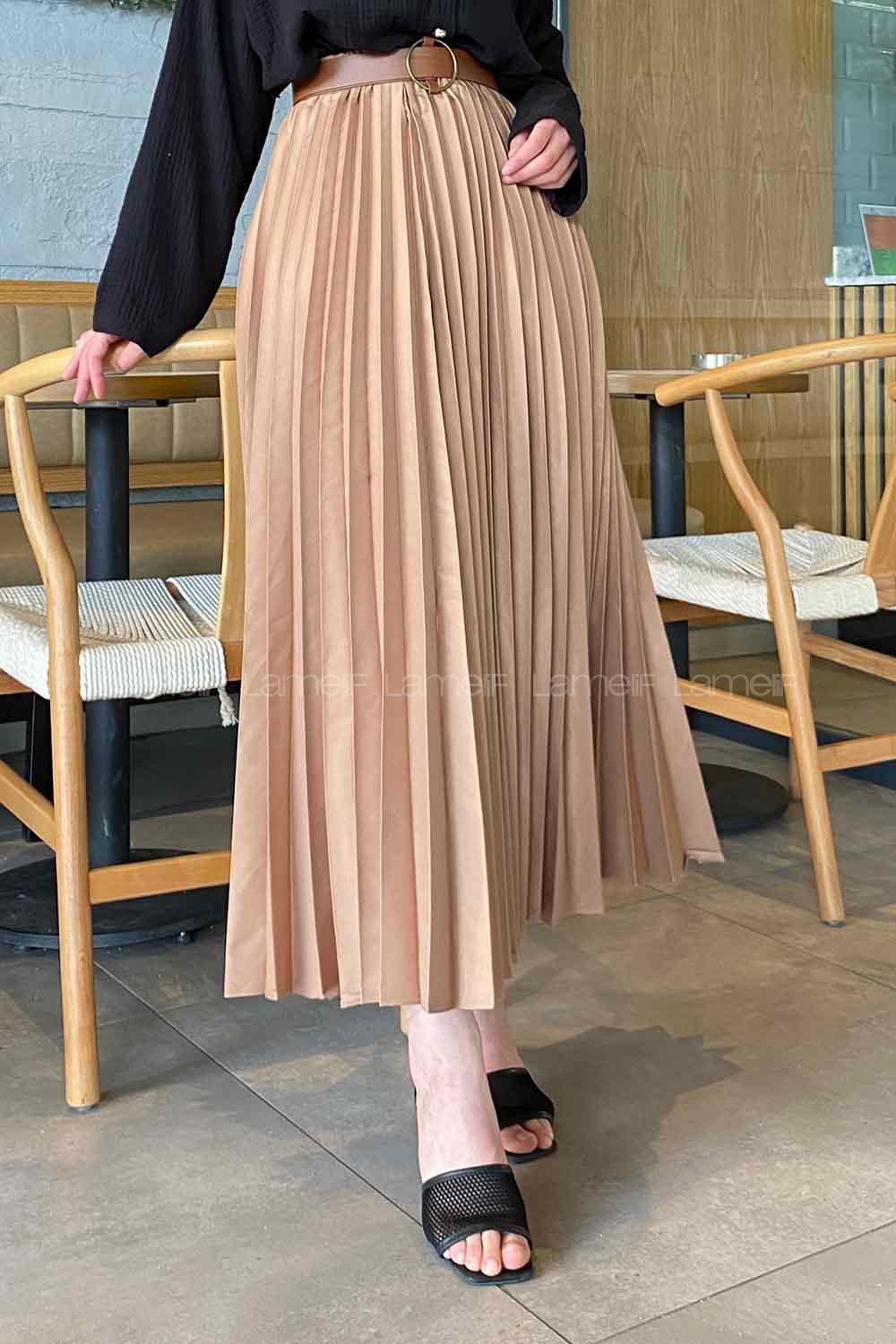 Lamelif Elastik Detaylı Pliseli Etek Sütlü Kahve