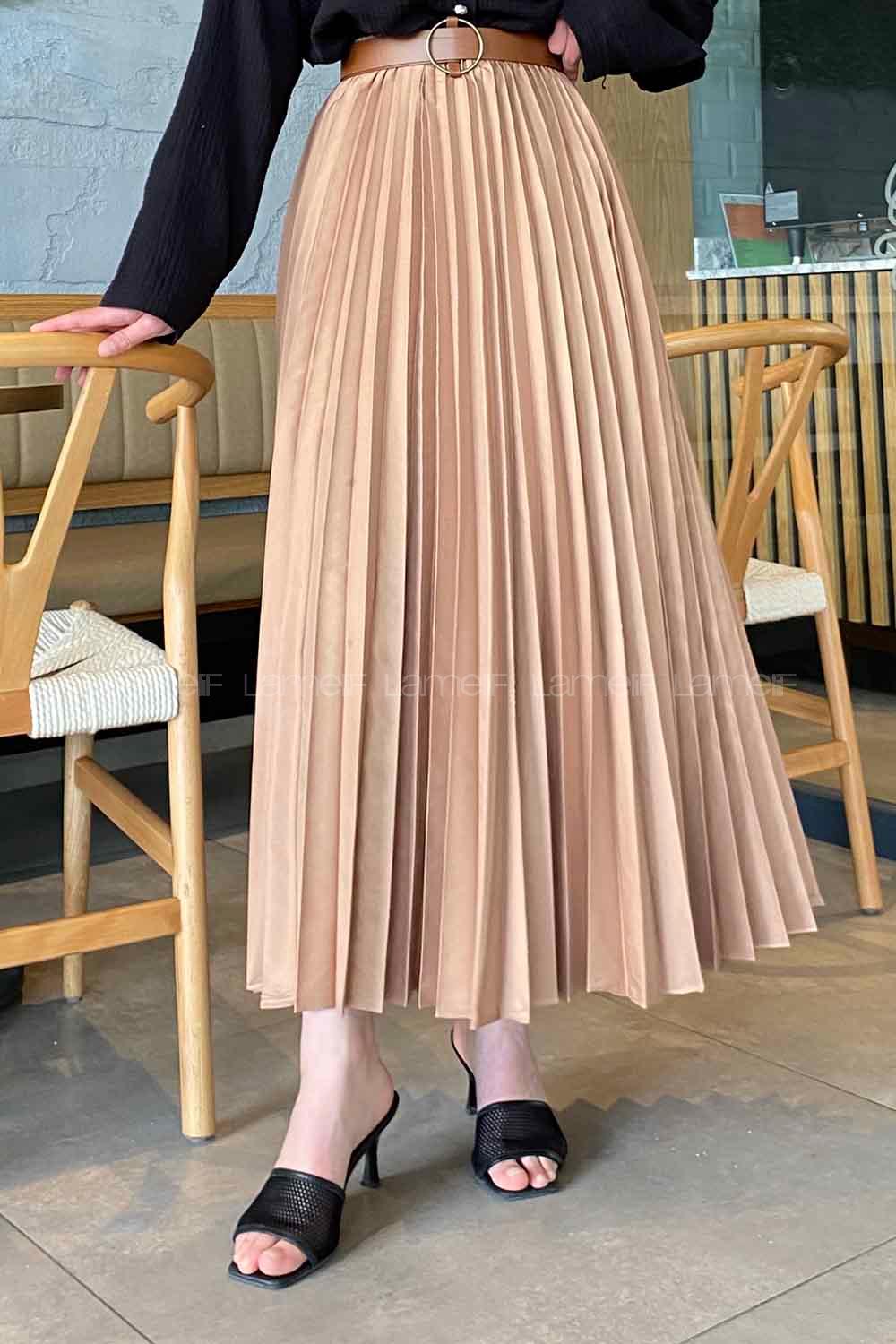 Lamelif Elastik Detaylı Pliseli Etek Sütlü Kahve