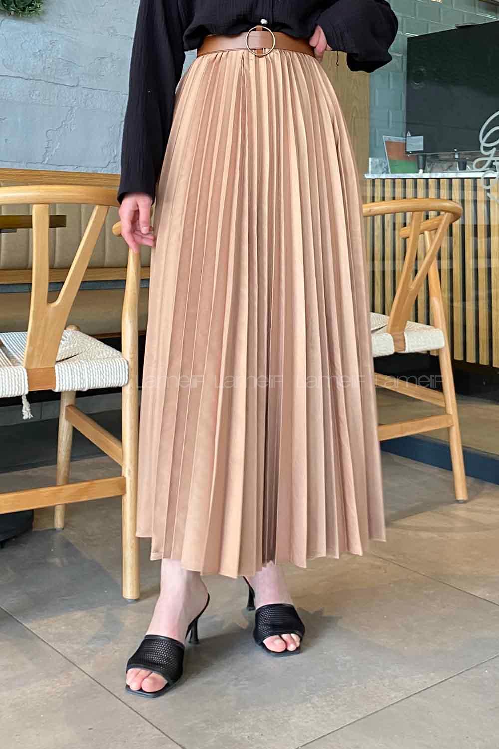 Lamelif Elastik Detaylı Pliseli Etek Sütlü Kahve