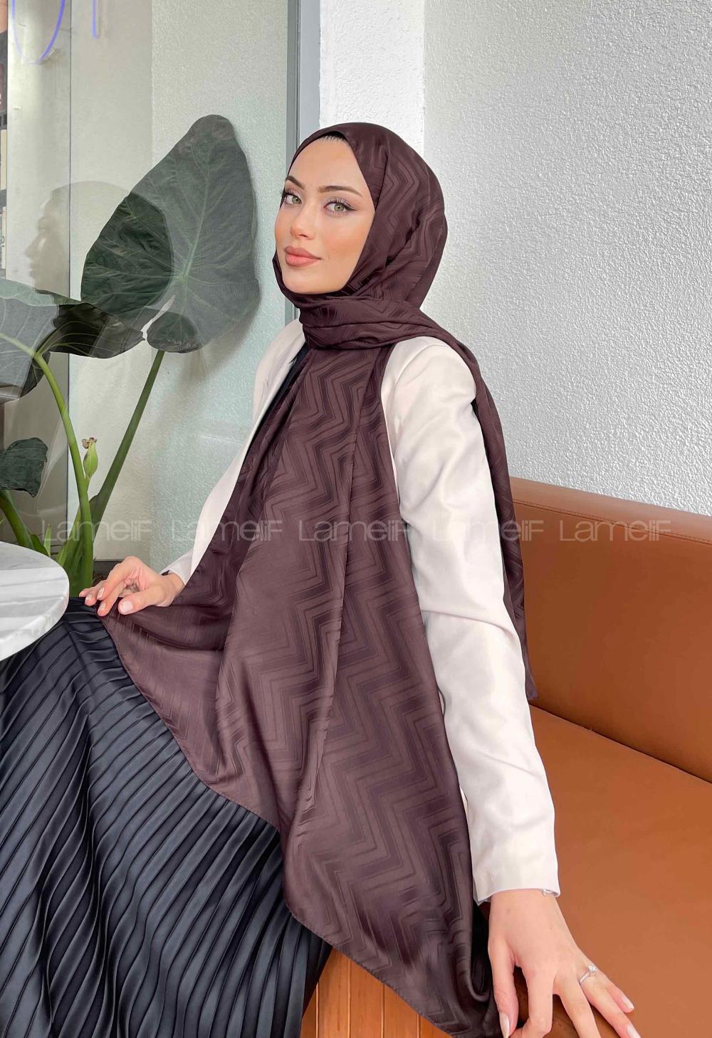 Lamelif Zikzak Desen Jakar Serisi Şal Acı Kahve