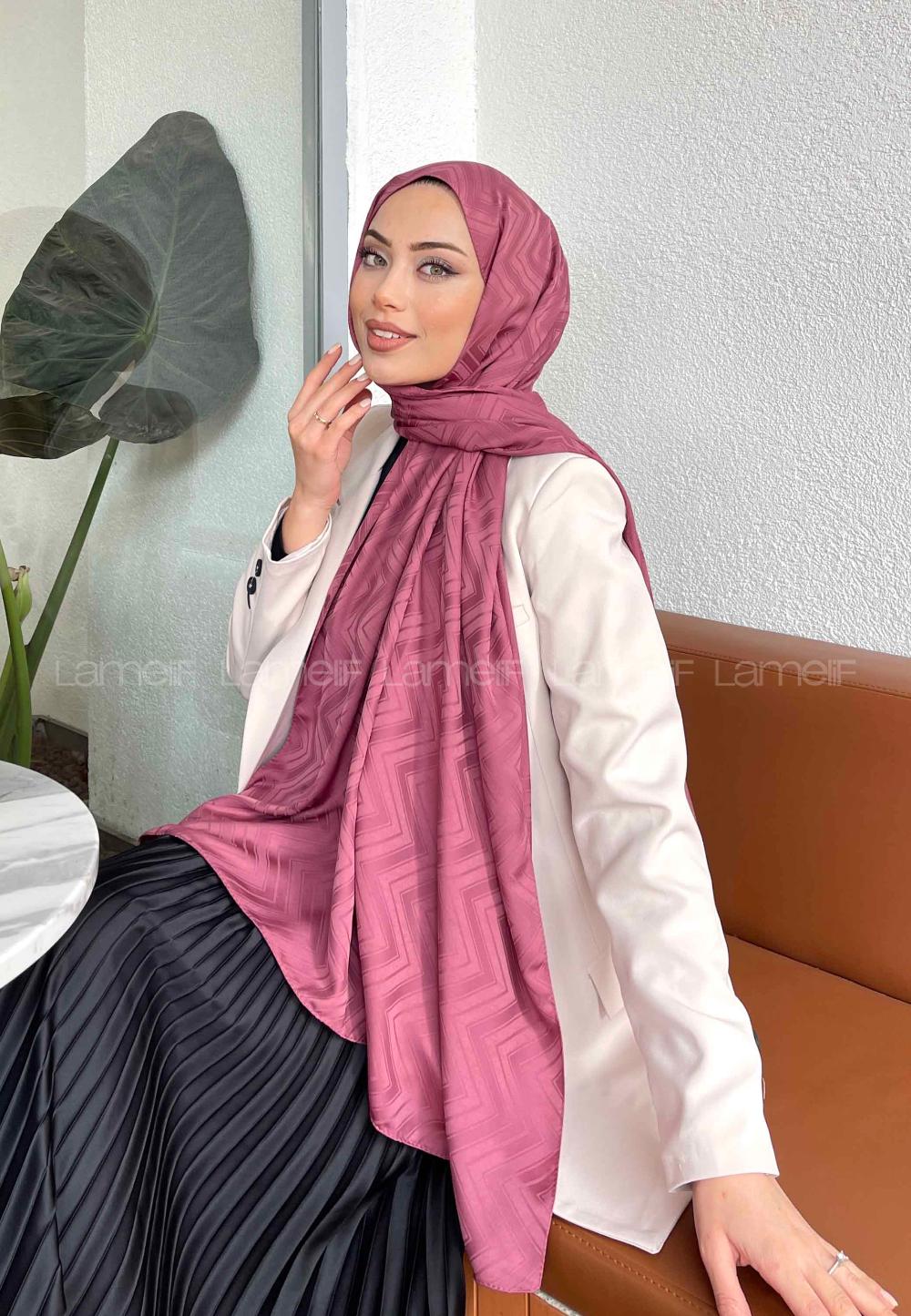 Lamelif Zikzak Desen Jakar Serisi Şal Gül Kurusu