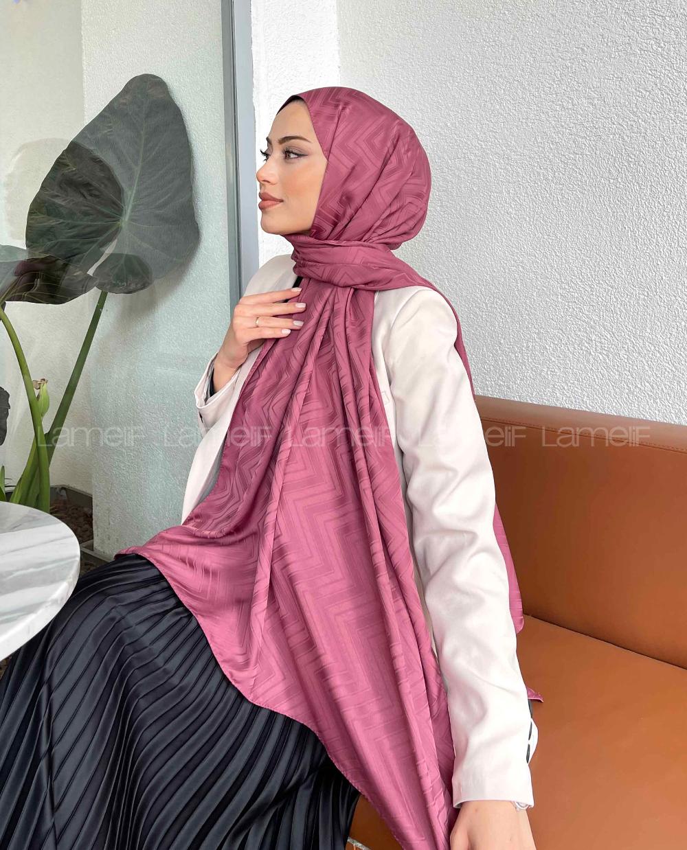 Lamelif Zikzak Desen Jakar Serisi Şal Gül Kurusu