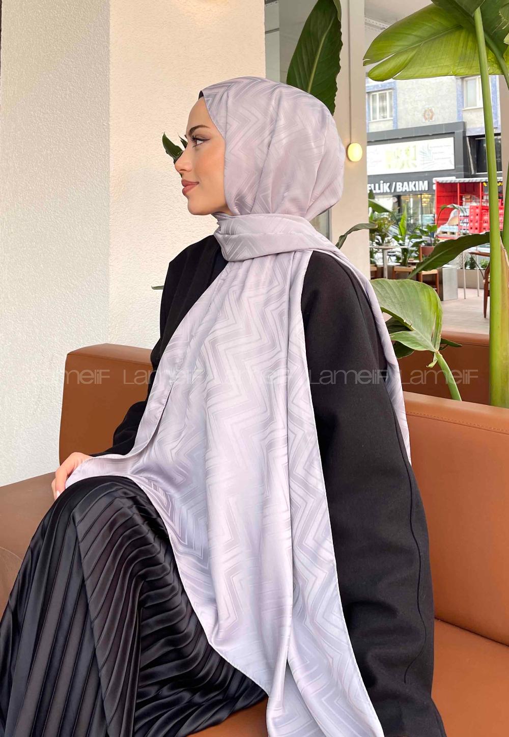 Lamelif Zikzak Desen Jakar Serisi Şal Gümüş Gri