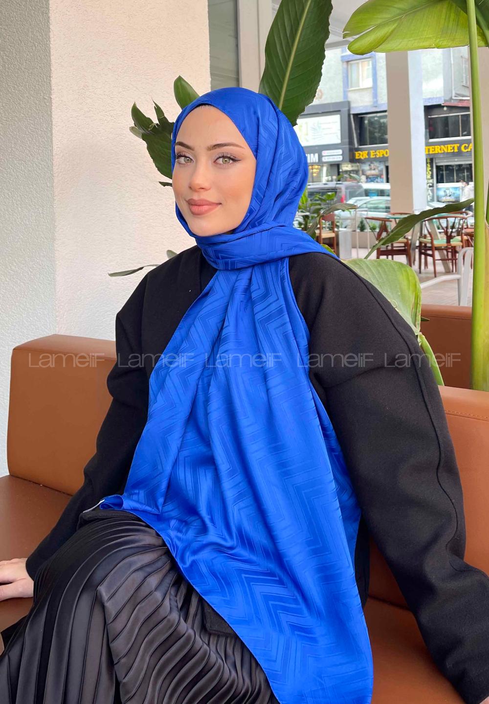 Lamelif Zikzak Desen Jakar Serisi Şal Saks Mavisi