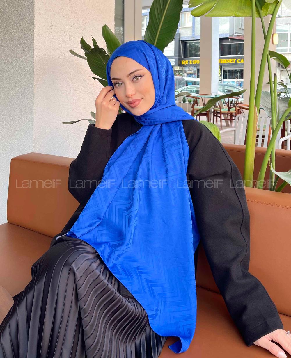 Lamelif Zikzak Desen Jakar Serisi Şal Saks Mavisi