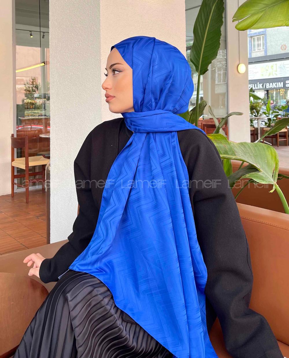 Lamelif Zikzak Desen Jakar Serisi Şal Saks Mavisi