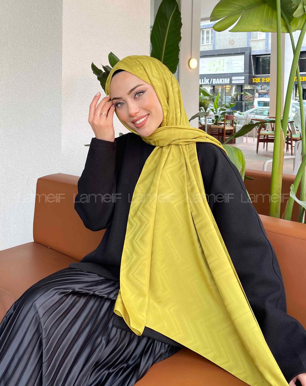 Lamelif Zikzak Desen Jakar Serisi Şal Yağ Yeşili