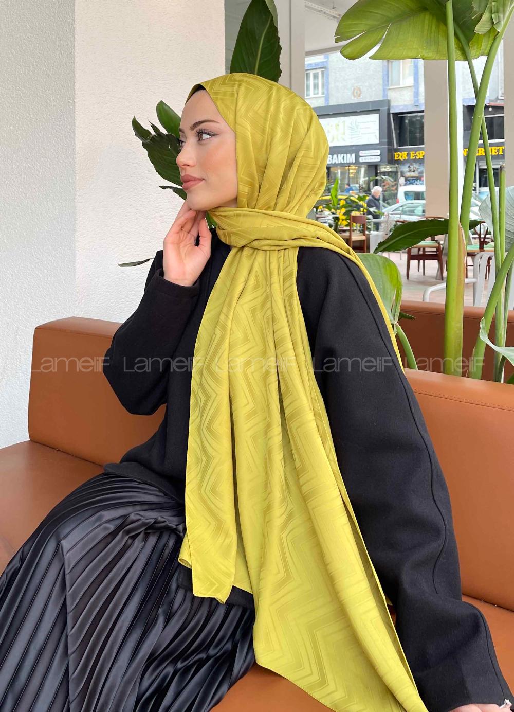 Lamelif Zikzak Desen Jakar Serisi Şal Yağ Yeşili