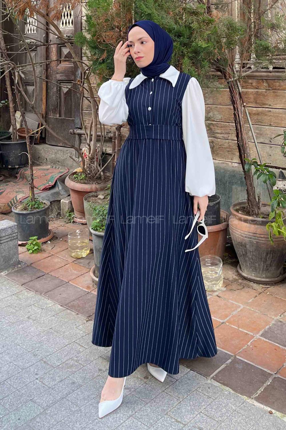 Navy Blue Shirt Collar Cotton Dresess