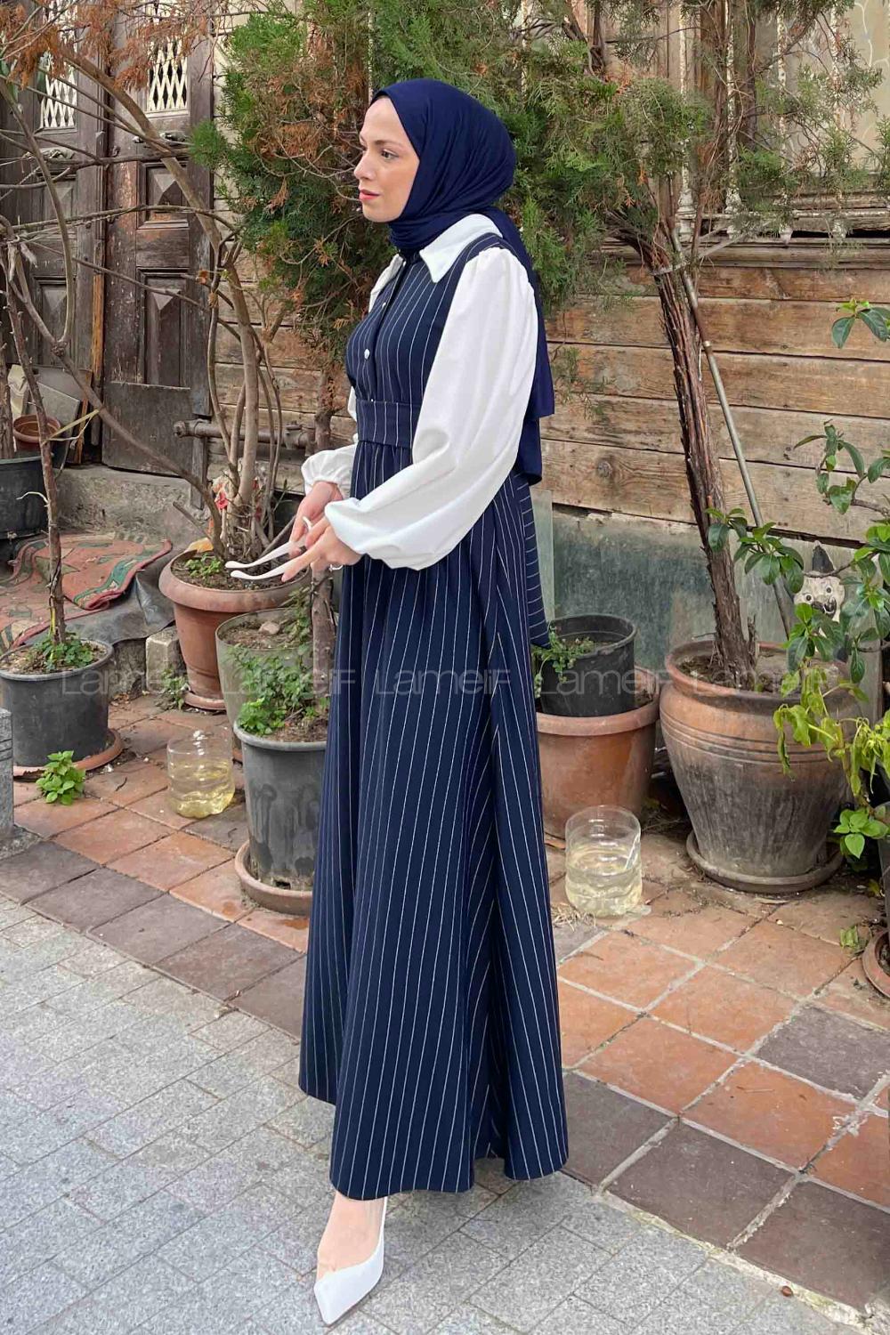 Navy Blue Shirt Collar Cotton Dresess