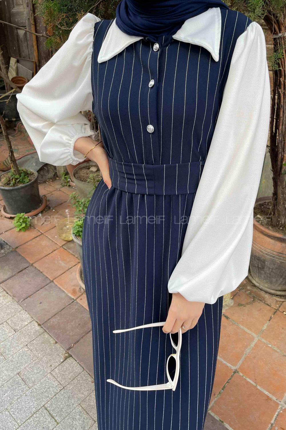 Navy Blue Shirt Collar Cotton Dresess