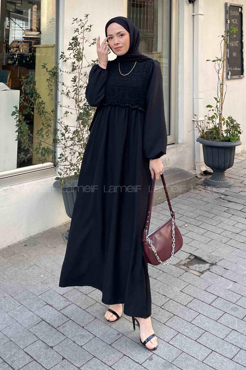 Lamelif Dantel Örgü Detaylı Elbise Siyah
