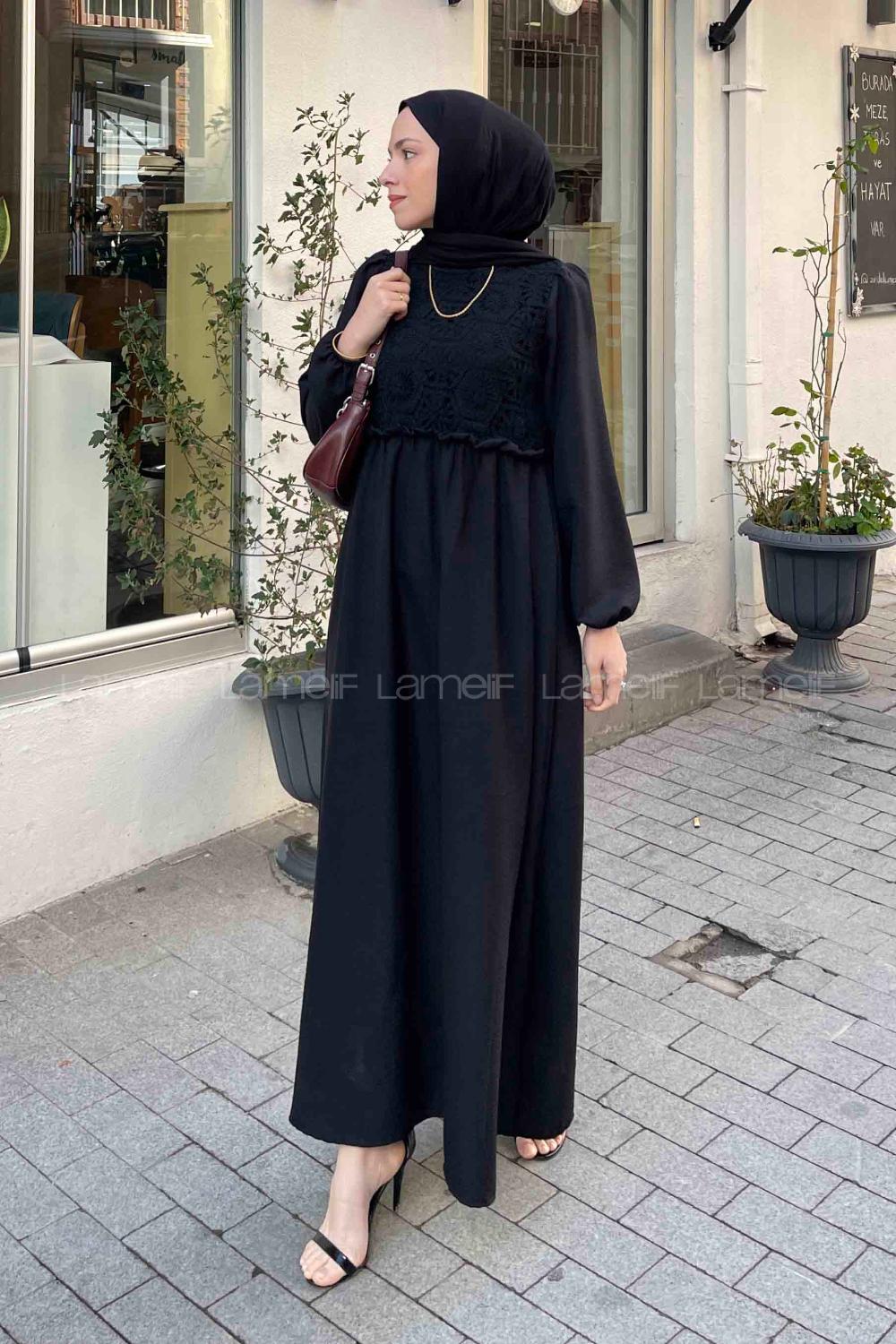 Lamelif Dantel Örgü Detaylı Elbise Siyah