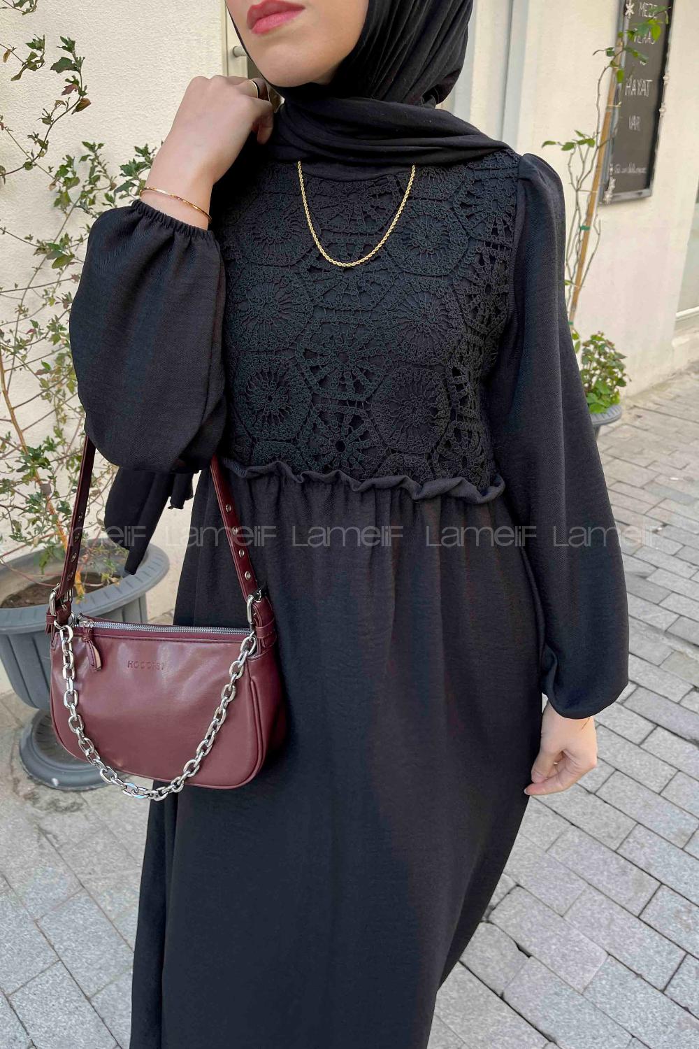 Lamelif Dantel Örgü Detaylı Elbise Siyah