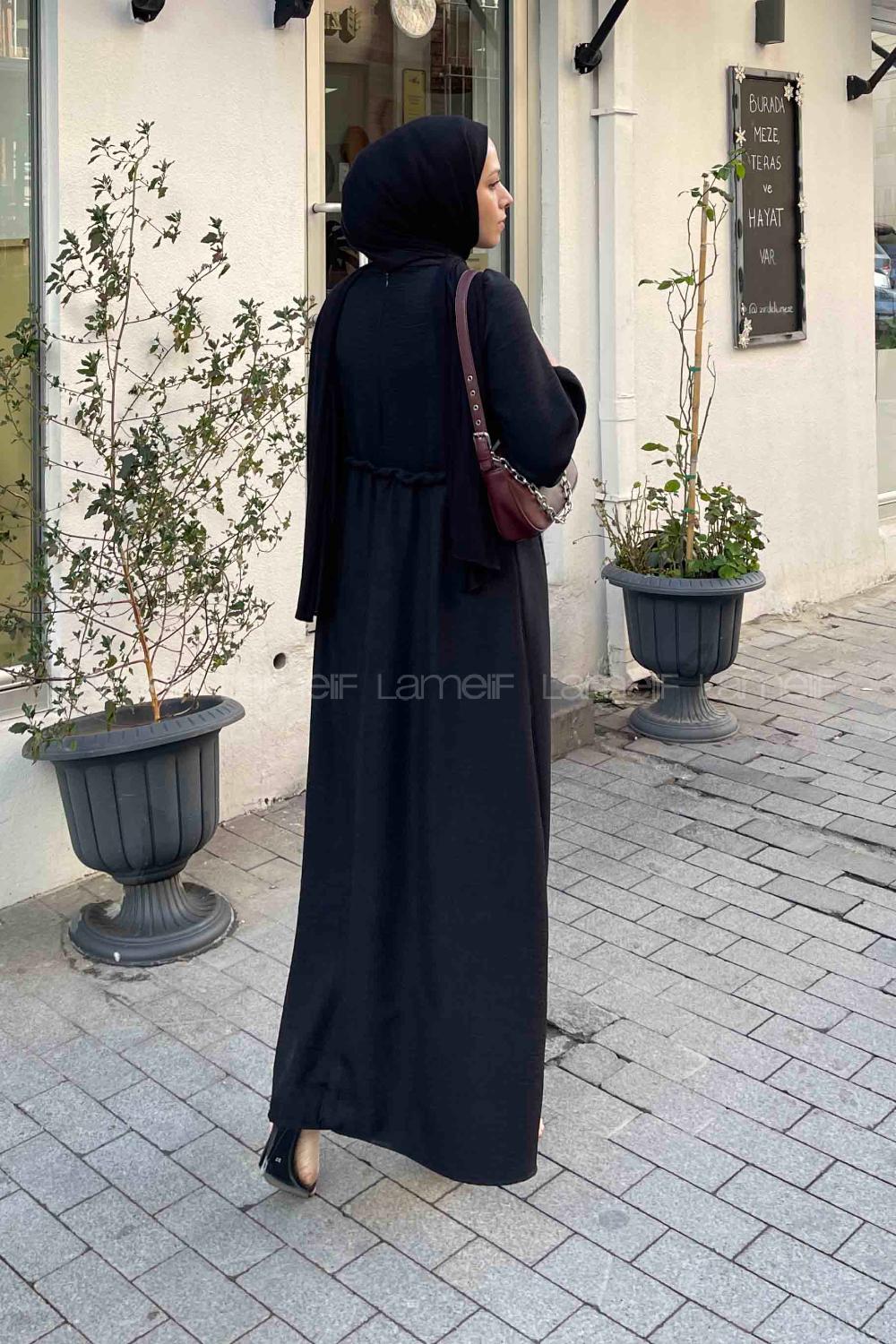 Lamelif Dantel Örgü Detaylı Elbise Siyah