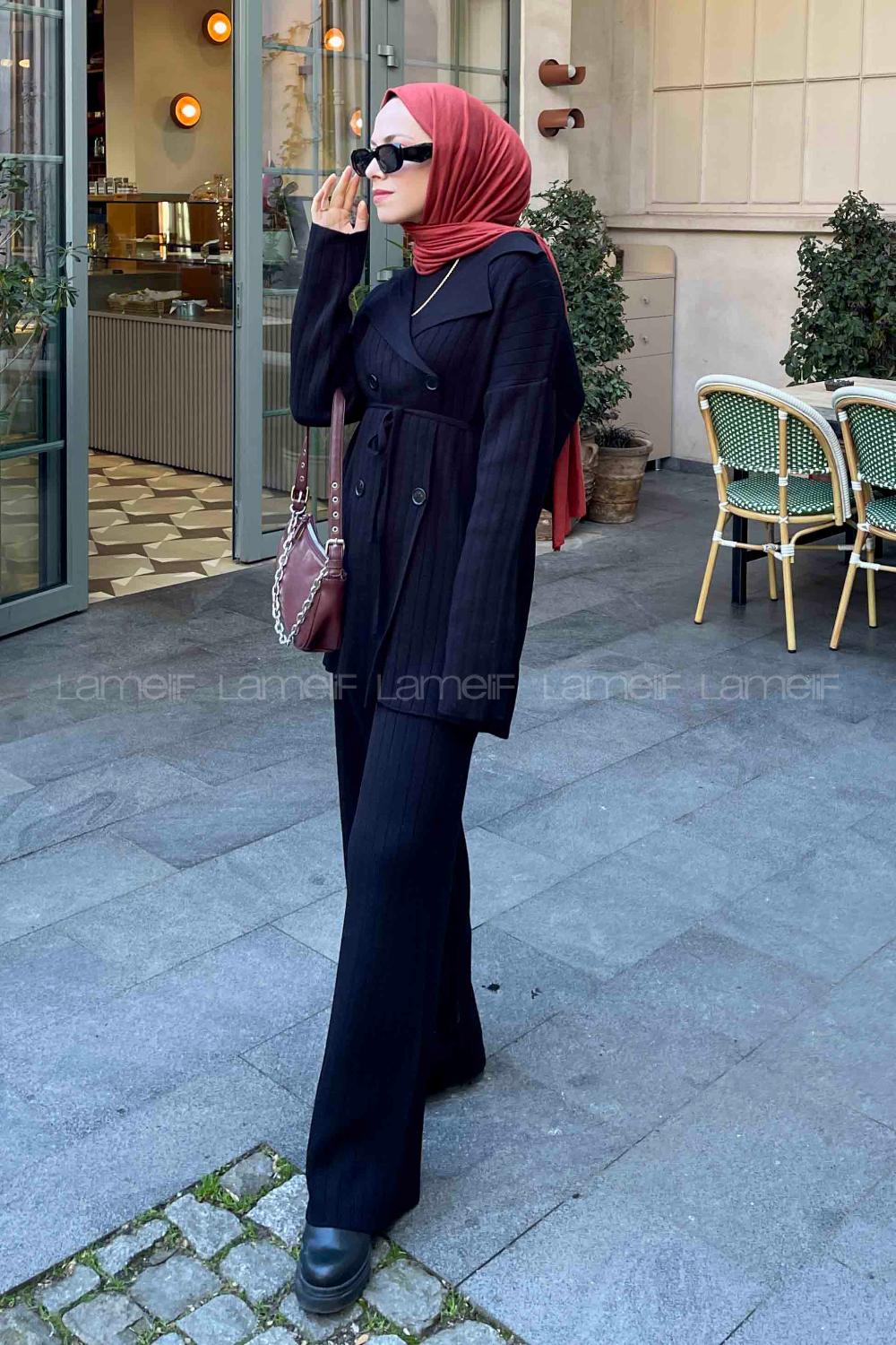 Black Polo Neck Collar Long Arm Knitwear Regular Trousers Comfortable Suit
