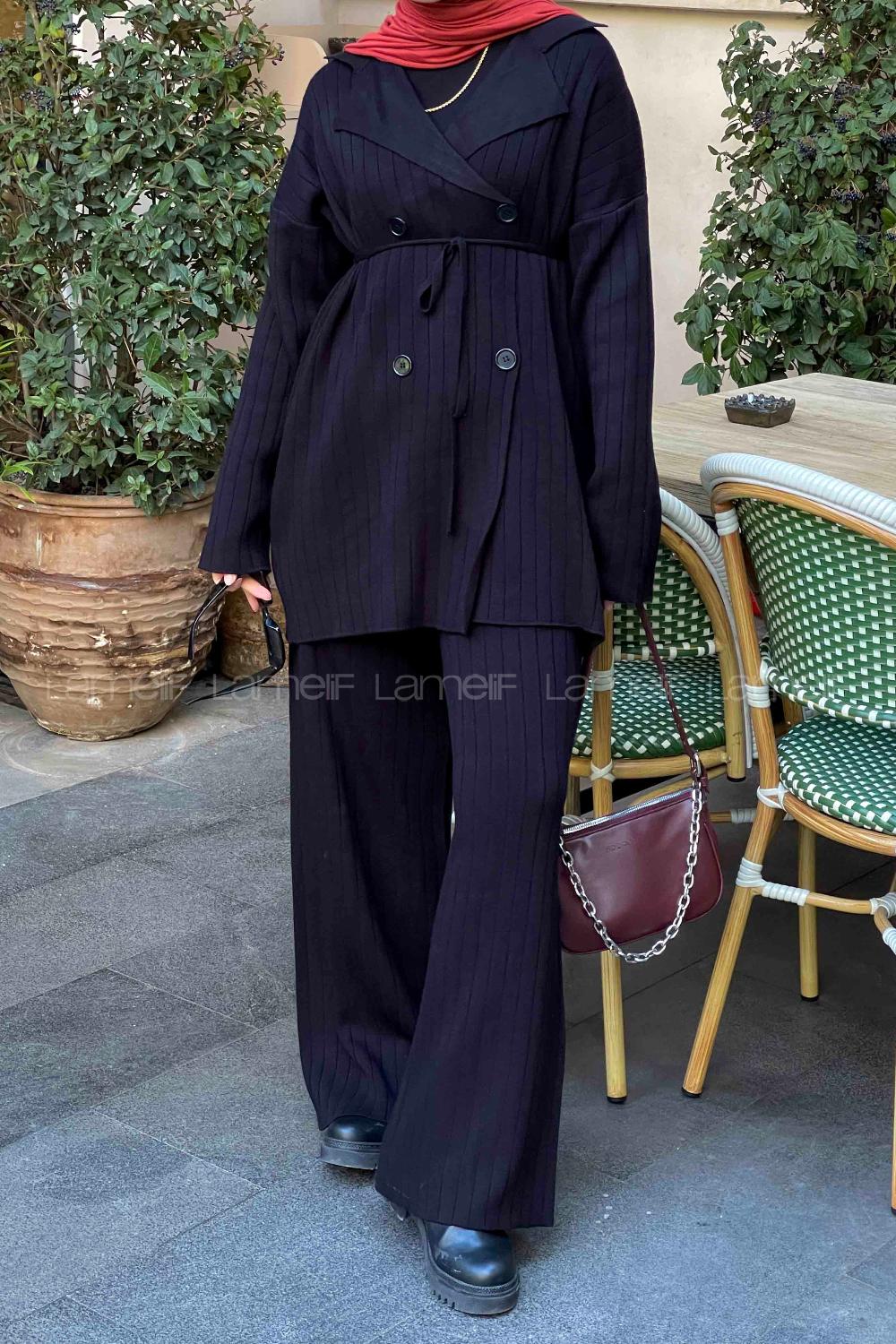 Black Polo Neck Collar Long Arm Knitwear Regular Trousers Comfortable Suit