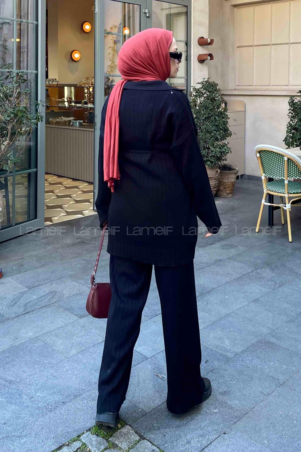 Black Polo Neck Collar Long Arm Knitwear Regular Trousers Comfortable Suit
