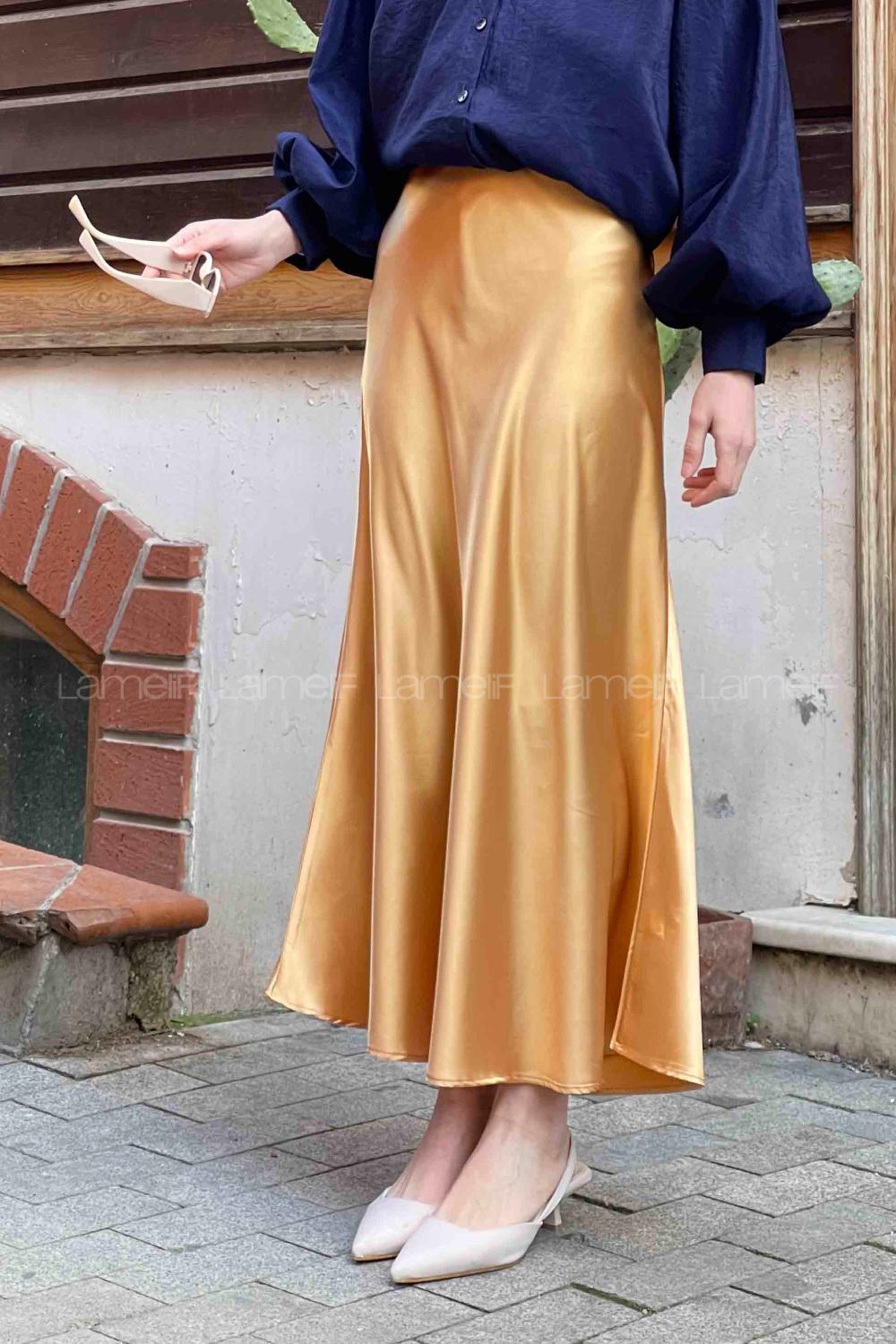 Lamelif Düz Saten Çan Etek Gold