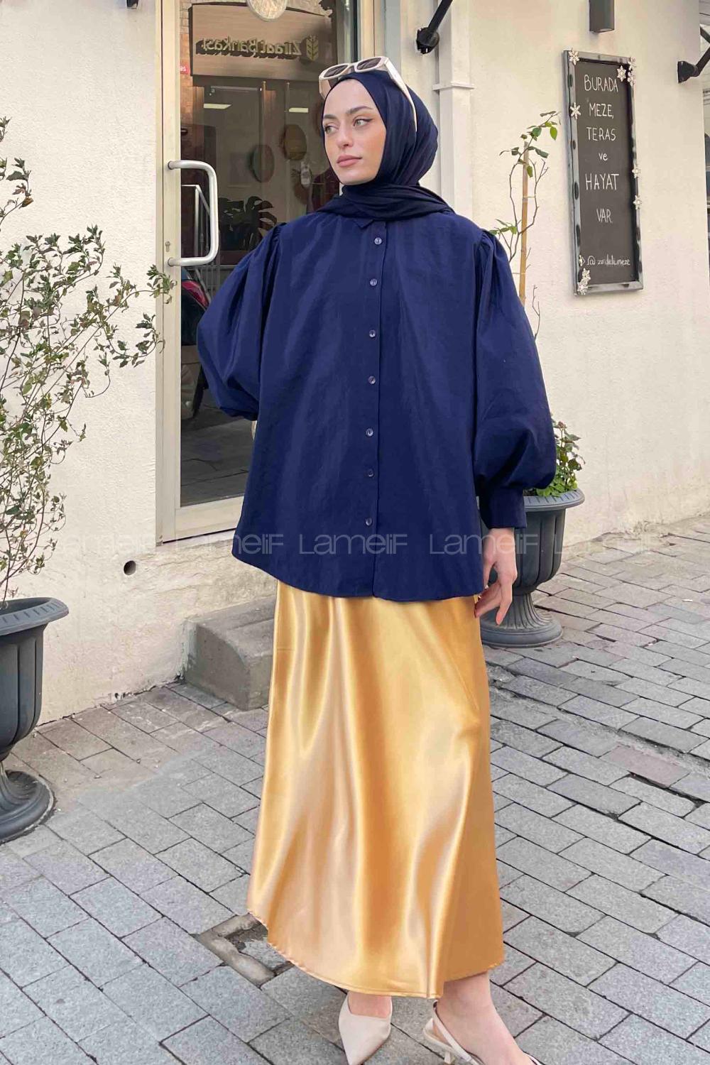 Navy Blue Shirt Collar Balloon Sleeve Arm Poplin Fabric Shirt