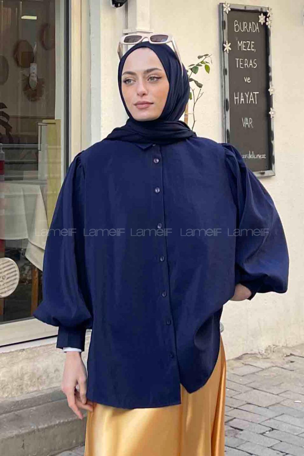 Navy Blue Shirt Collar Balloon Sleeve Arm Poplin Fabric Shirt