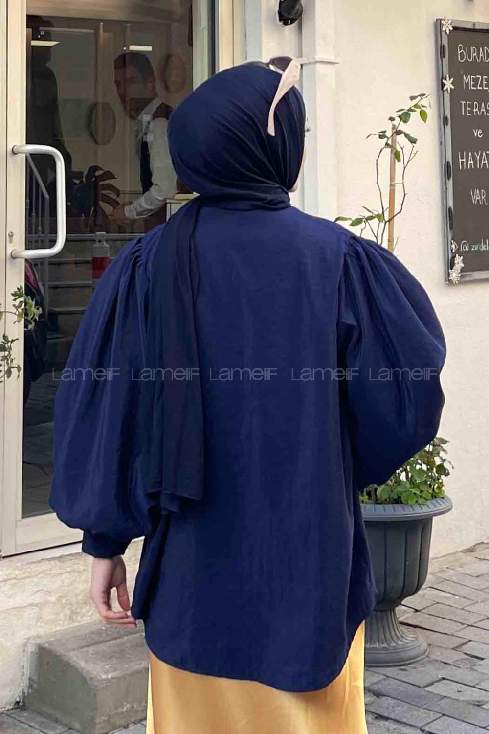 Navy Blue Shirt Collar Balloon Sleeve Arm Poplin Fabric Shirt