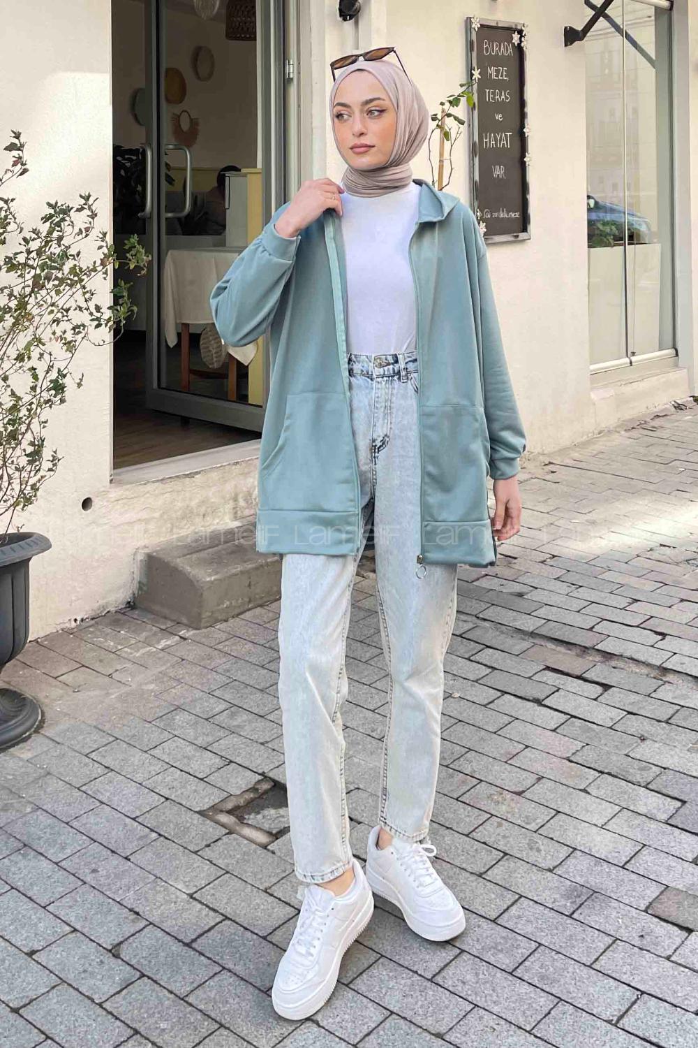 Lamelif Önü Fermuarlı Kapüşonlu Hırka Çağla Yeşili