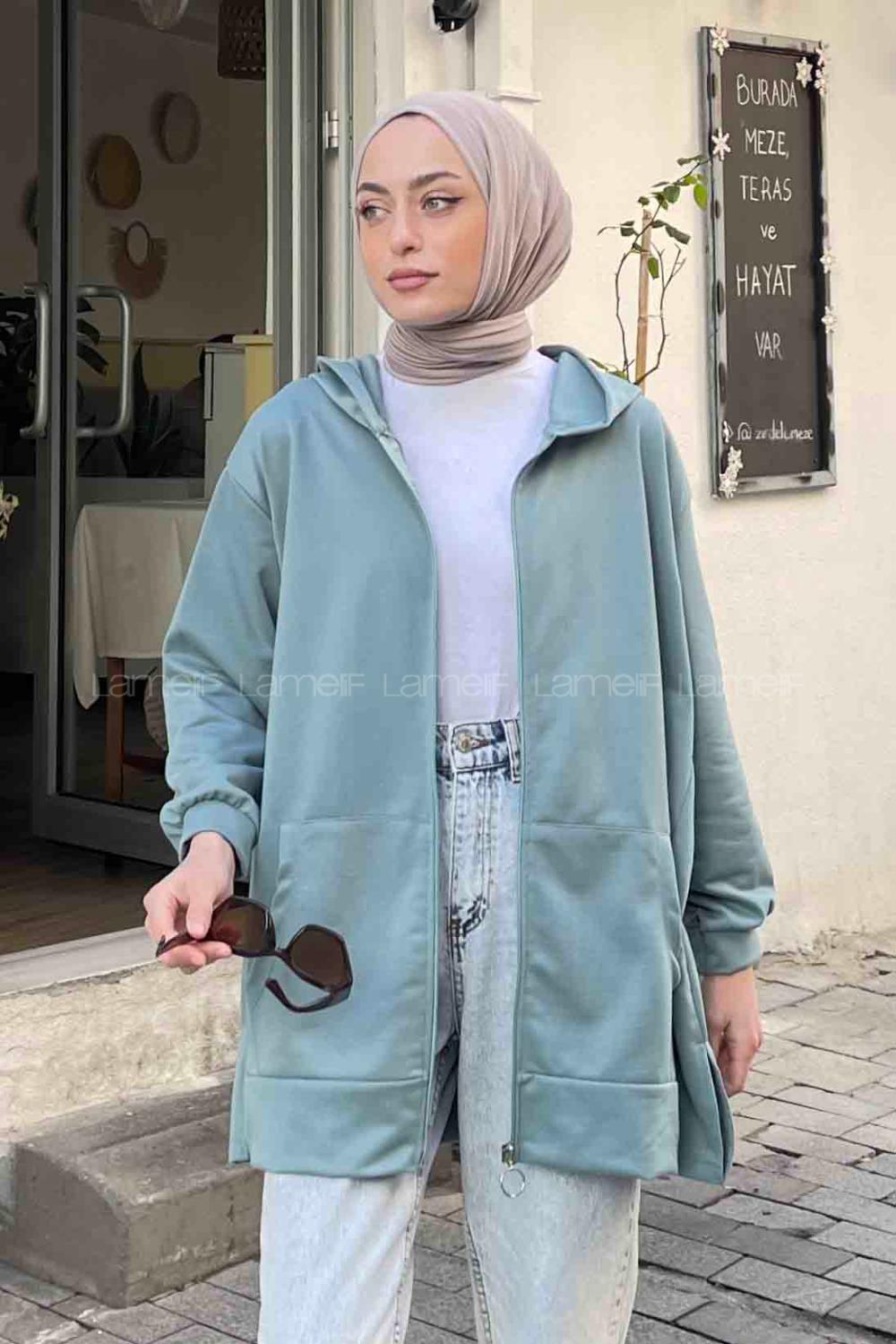 Lamelif Önü Fermuarlı Kapüşonlu Hırka Çağla Yeşili