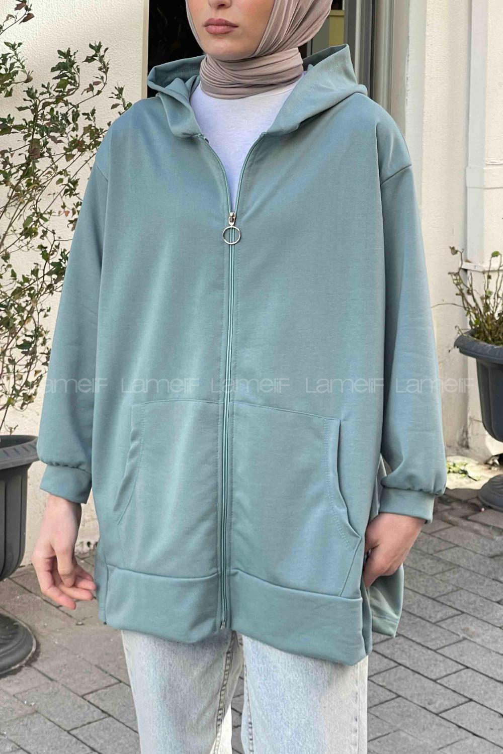Lamelif Önü Fermuarlı Kapüşonlu Hırka Çağla Yeşili