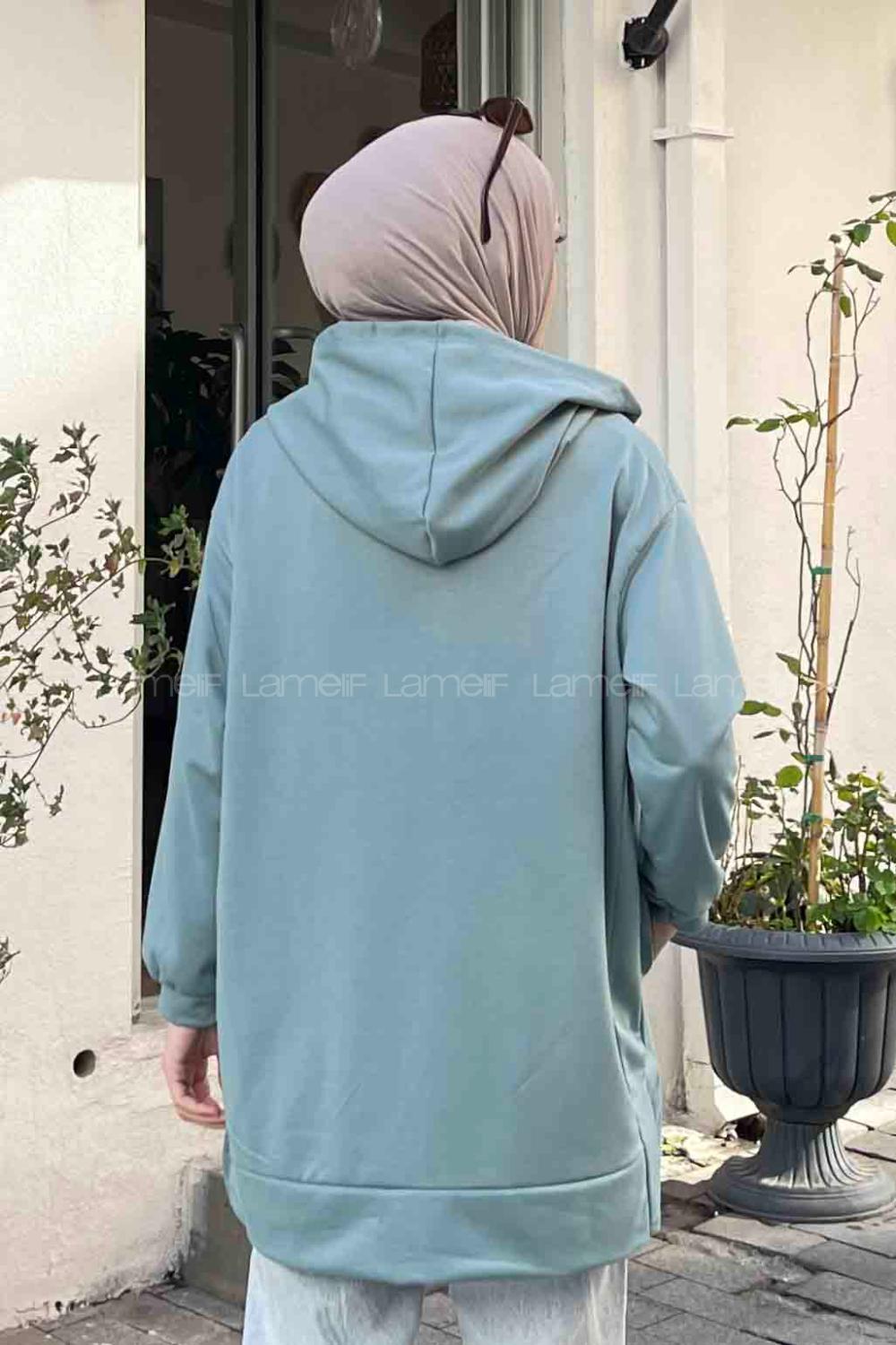 Lamelif Önü Fermuarlı Kapüşonlu Hırka Çağla Yeşili