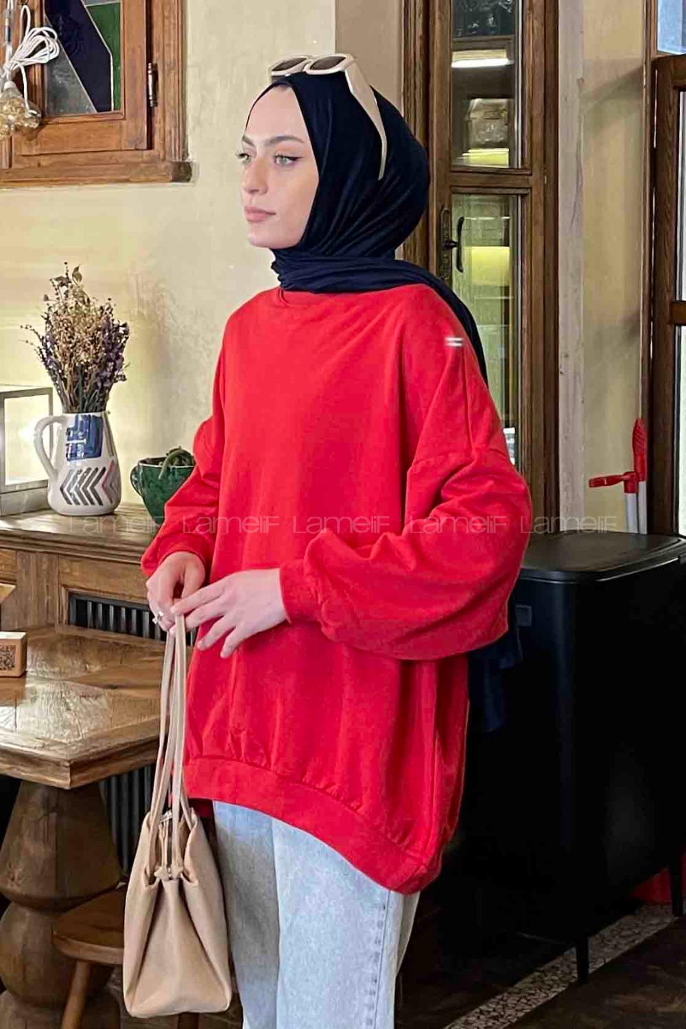 Lamelif Balon Kol Yaka Ve Etek Ucu Manşetli Bol Sweat Kırmızı