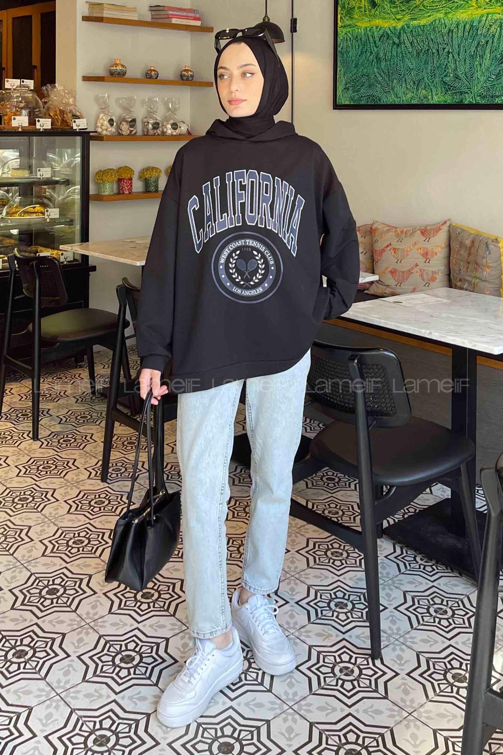 Lamelif California Baskı Detaylı Kapüşonlu Sweatshirt Siyah