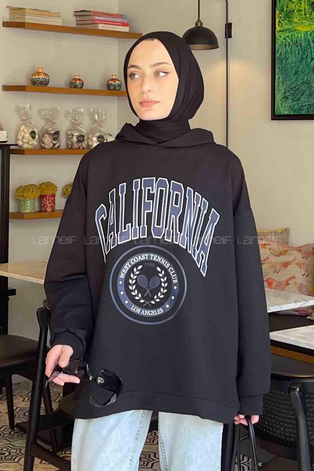 Lamelif California Baskı Detaylı Kapüşonlu Sweatshirt Siyah