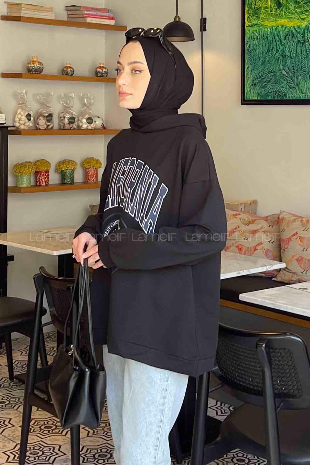 Lamelif California Baskı Detaylı Kapüşonlu Sweatshirt Siyah