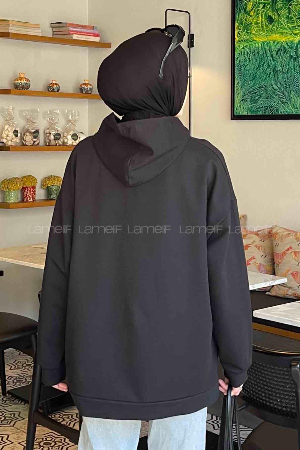 Lamelif California Baskı Detaylı Kapüşonlu Sweatshirt Siyah