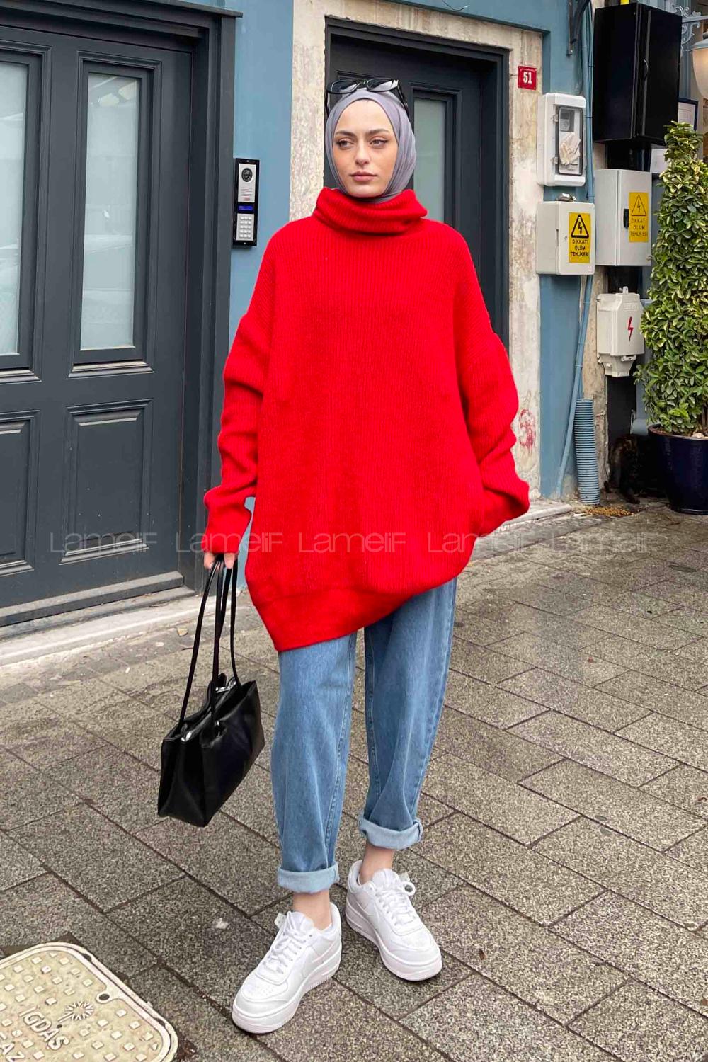Red Choker Neck Long Arm Jumper