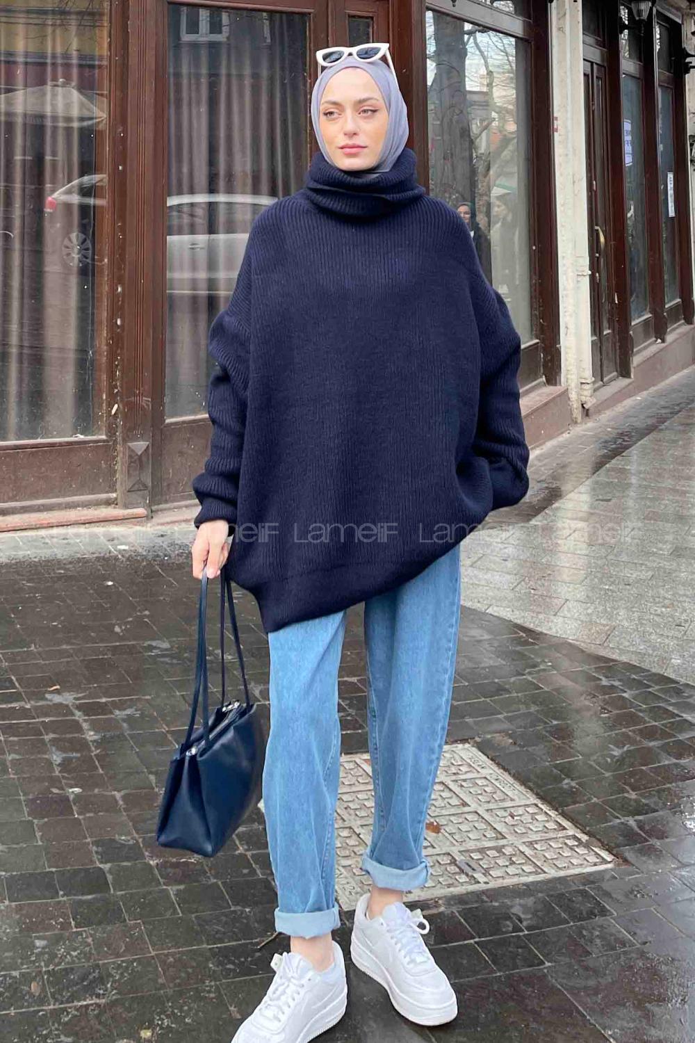 Navy Blue Choker Neck Long Arm Jumper