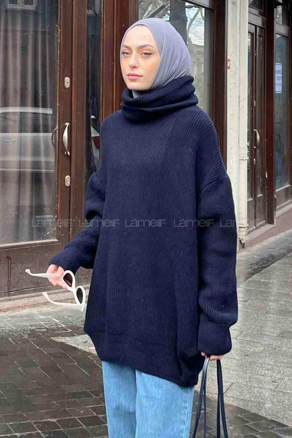 Navy Blue Choker Neck Long Arm Jumper