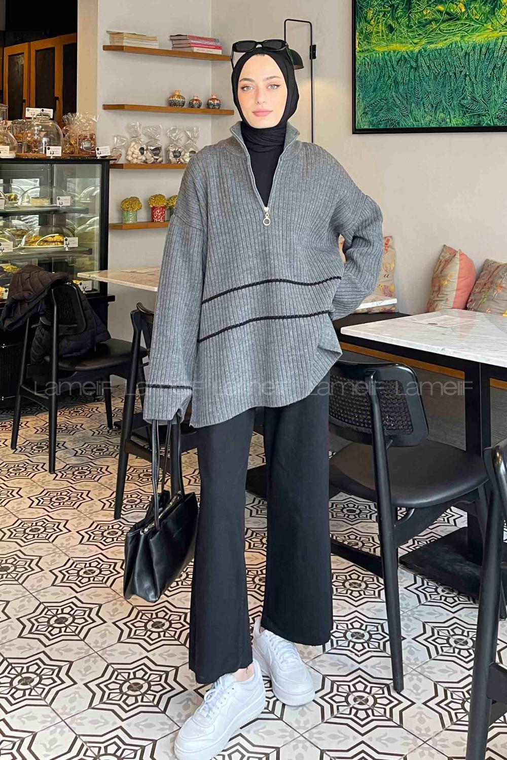 Smoked Zippered Neck Knitwear Tunic